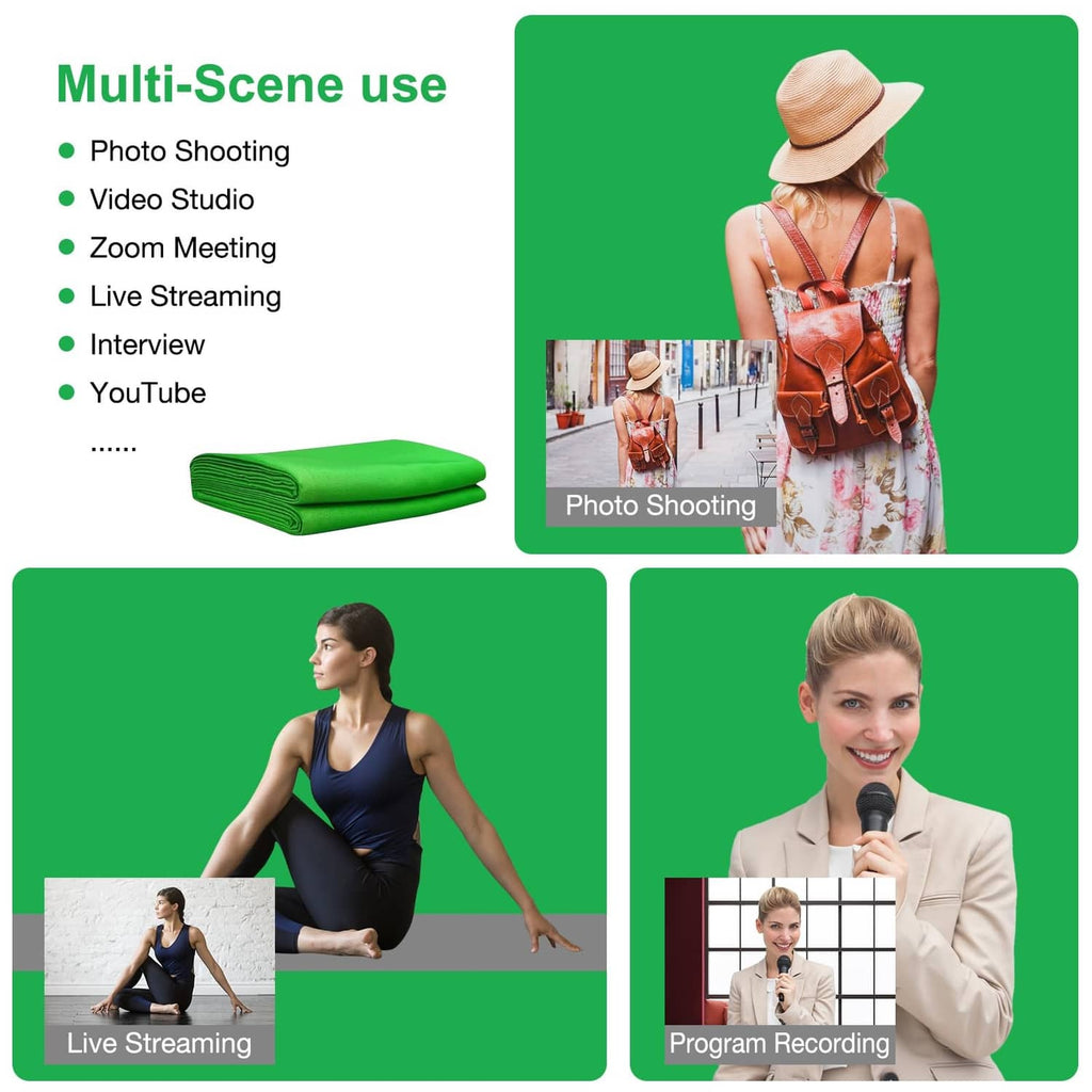 Green screen backdrop folded roll and people posing for photo, video, and streaming