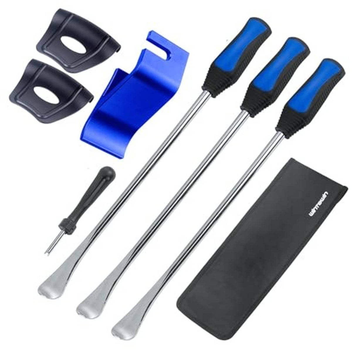 Tire spoon lever set with 3 steel tools, blue/black grips, and black storage pouch