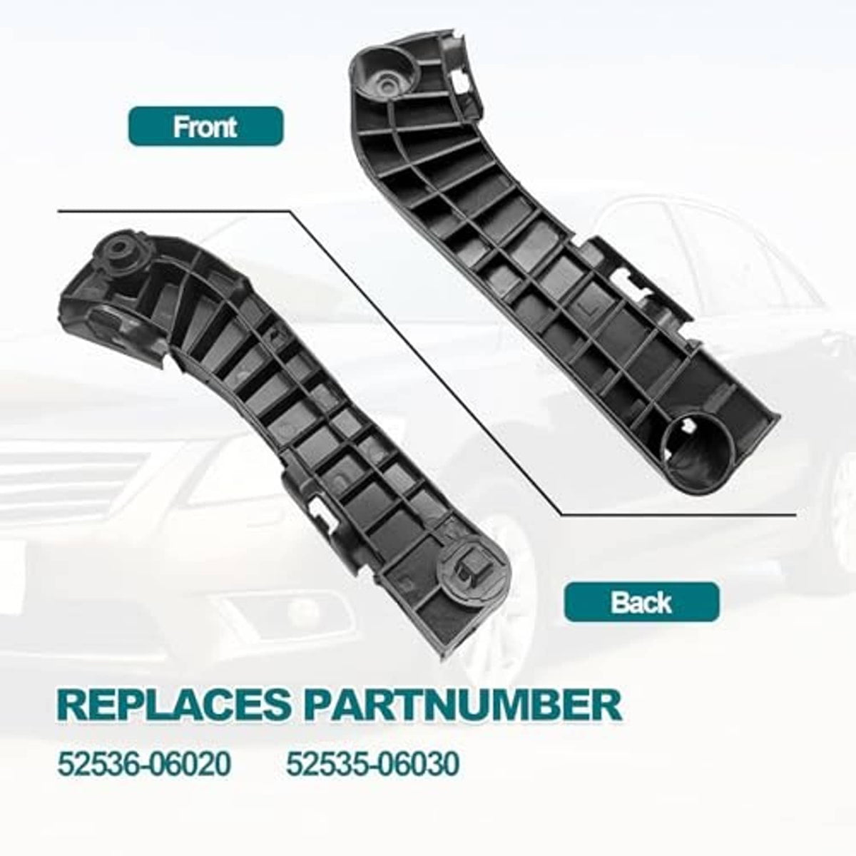 Front bumper bracket front view and back view, black plastic mounting clips