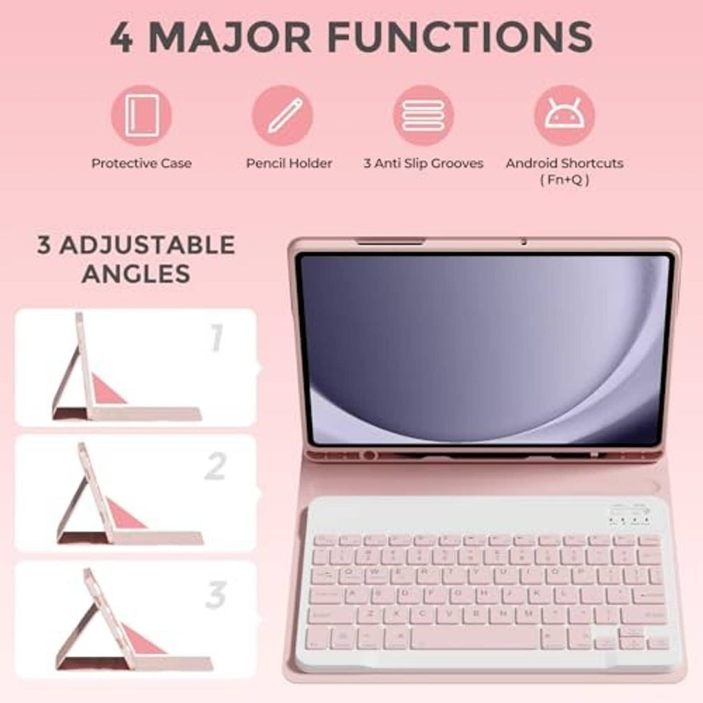 Pink adjustable-angle tablet keyboard case with protective cover and keyboard layout