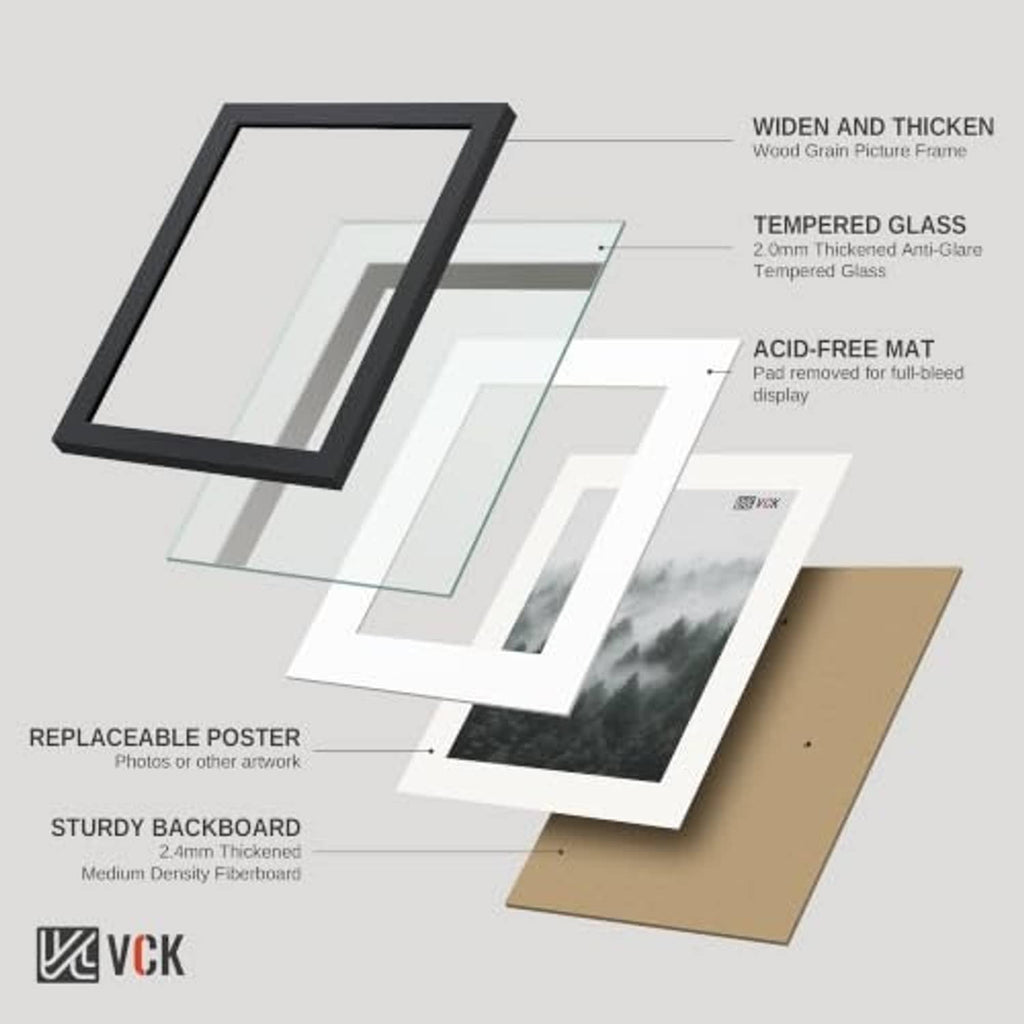 Black wood picture frame with tempered glass, acid-free mat, and sturdy backboard