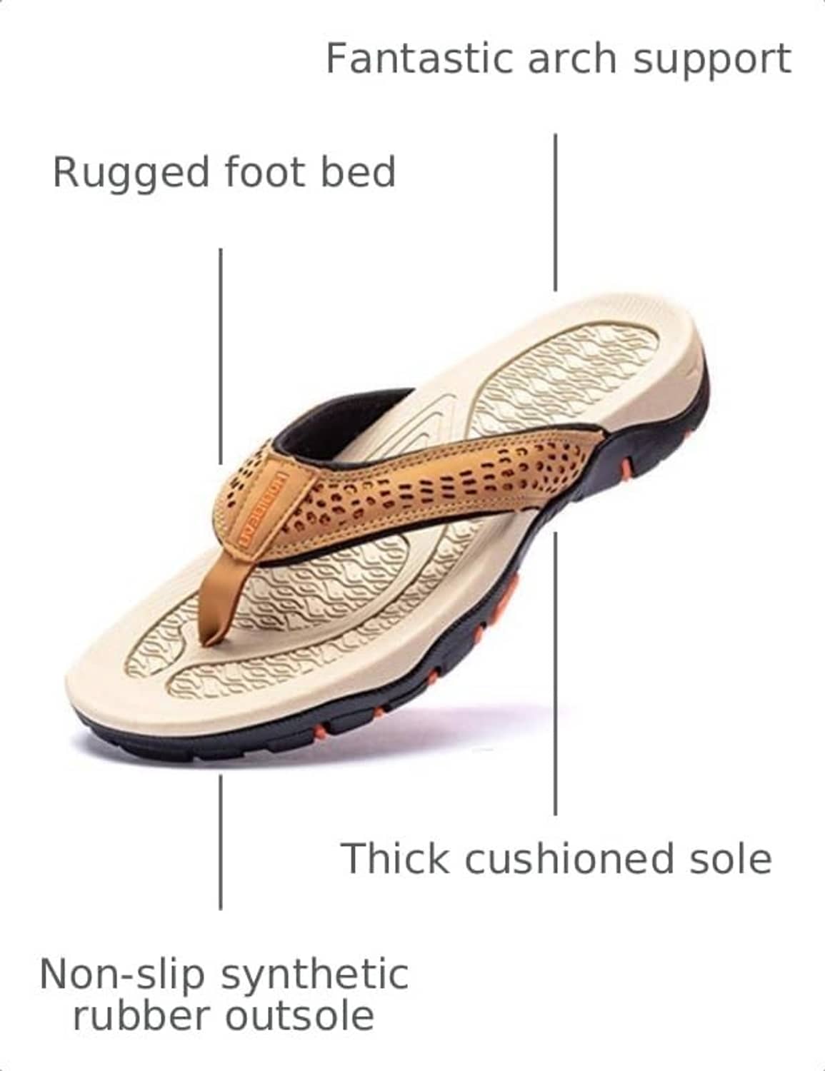 Khaki mens flip-flops with tan thong strap, textured footbed, and grippy rubber outsole