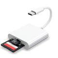 White USB-C 2-slot SD and microSD card reader with USB-C plug and SD card inserted