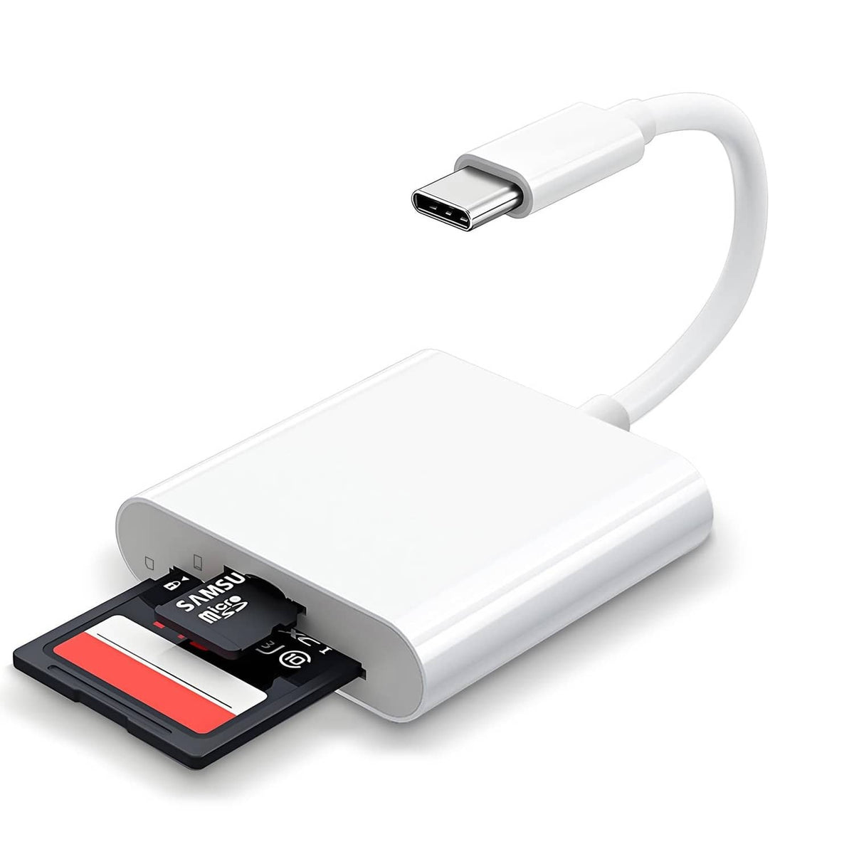 White USB-C 2-slot SD and microSD card reader with USB-C plug and SD card inserted