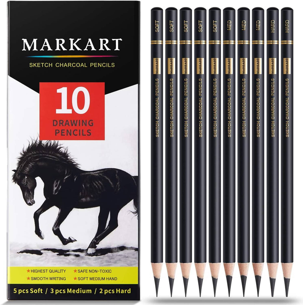 MARKART 10 charcoal sketch pencils, black barrels with tan tips shown with box