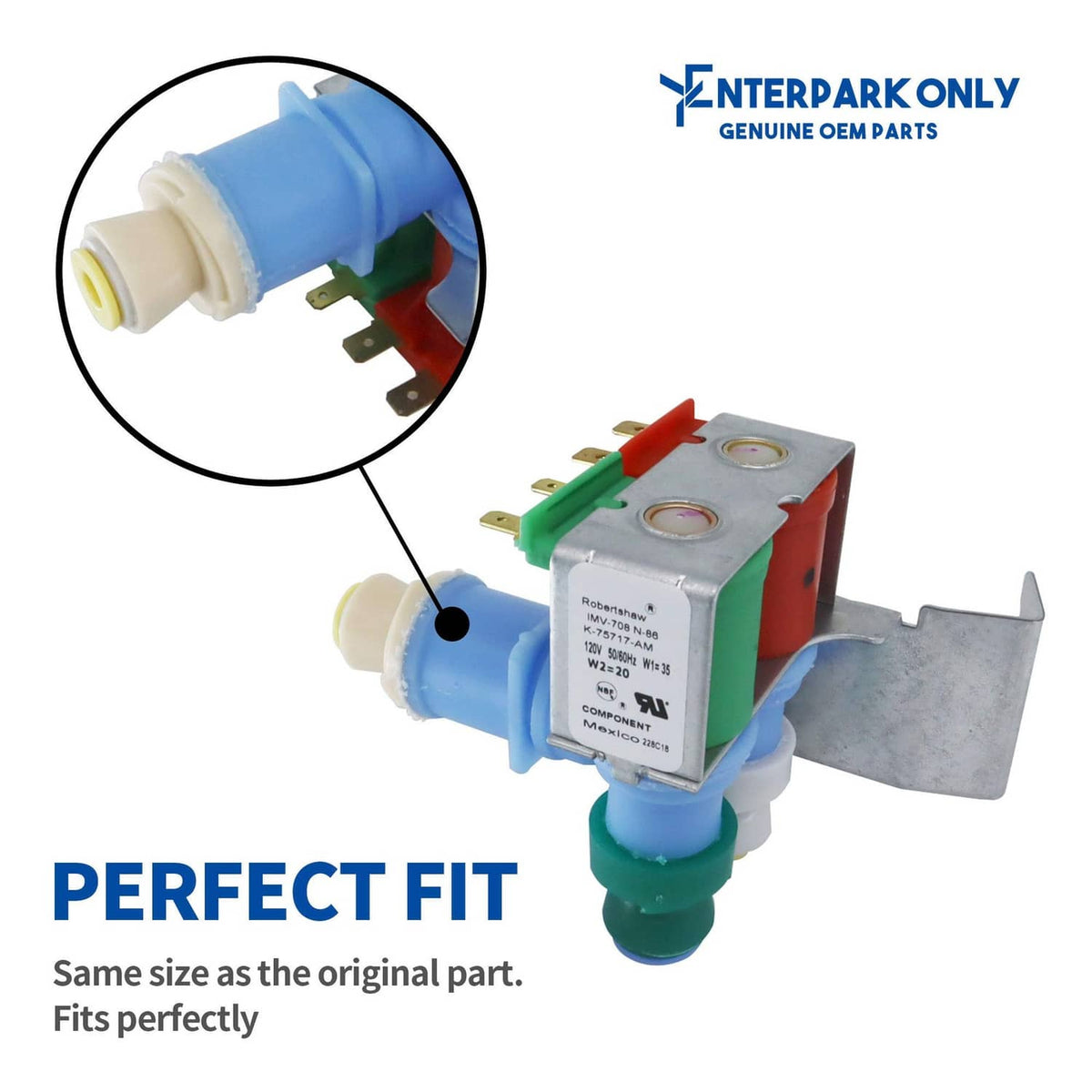 Water valve with blue inlet, green and red wire terminals, and metal mounting clips