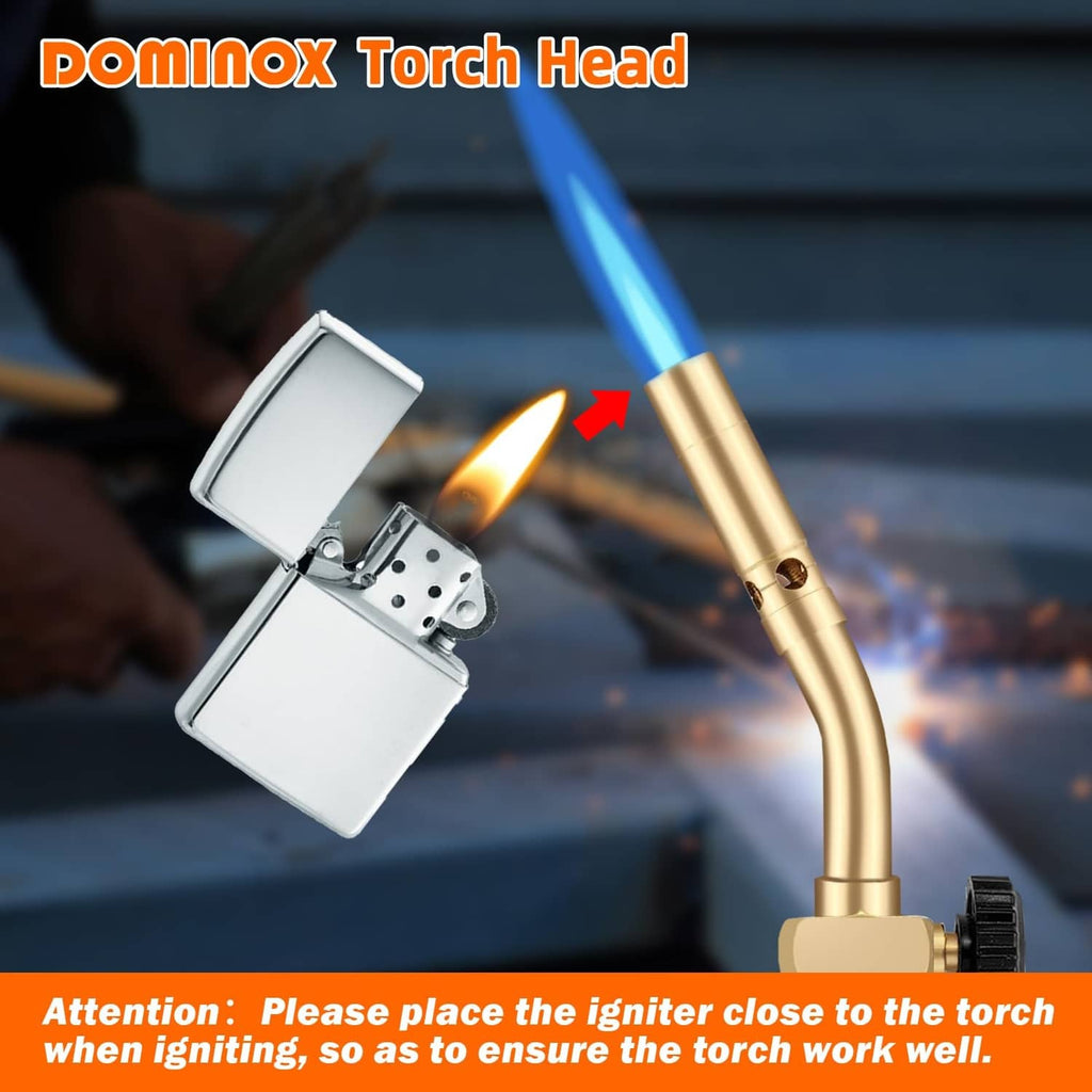 Solid brass propane torch head with nozzle flame and open igniter tool
