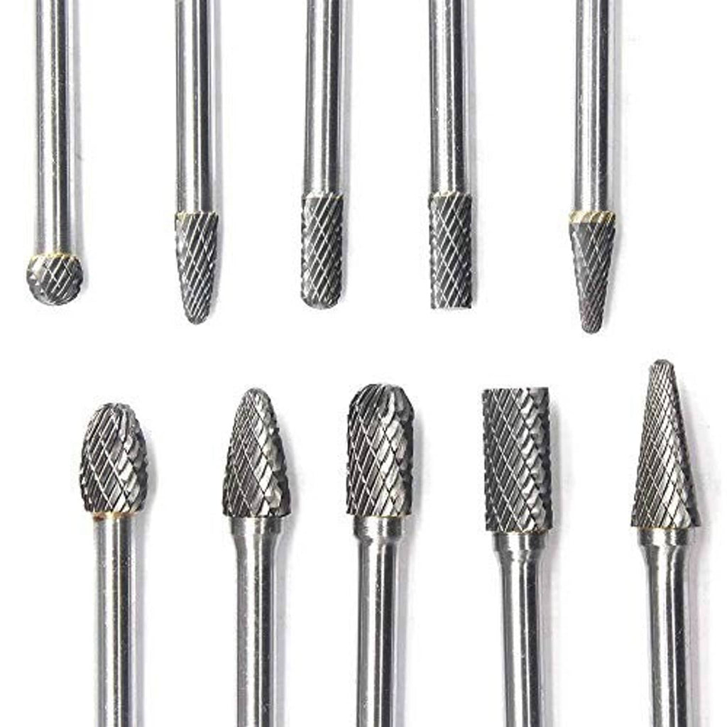 Upright view of tungsten carbide burr set with textured double-cut heads