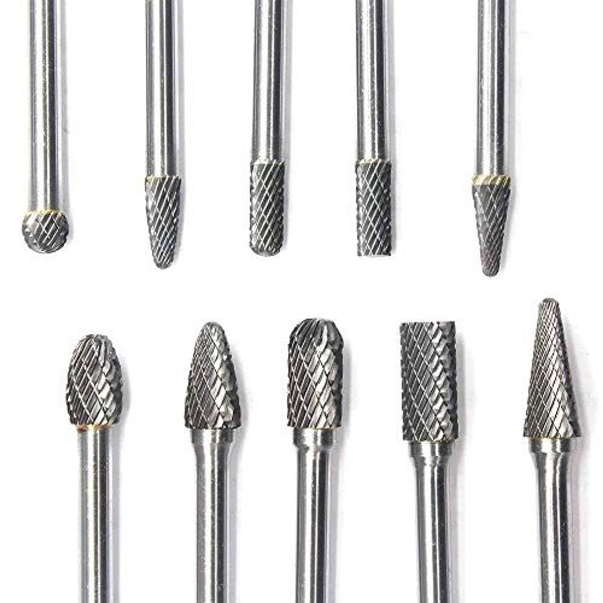 Upright view of tungsten carbide burr set with textured double-cut heads