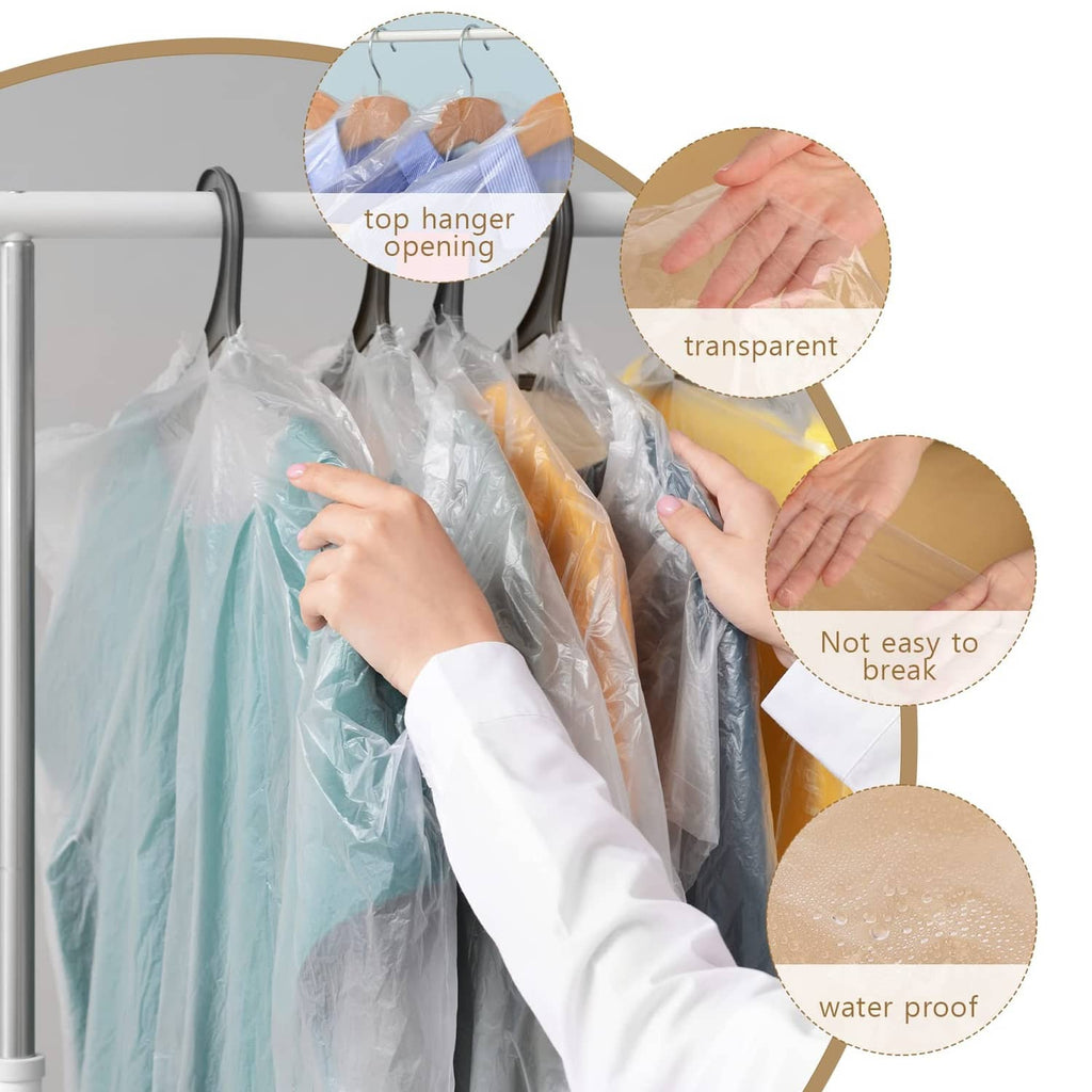 Multiple clear hanging garment bags on hangers with open top