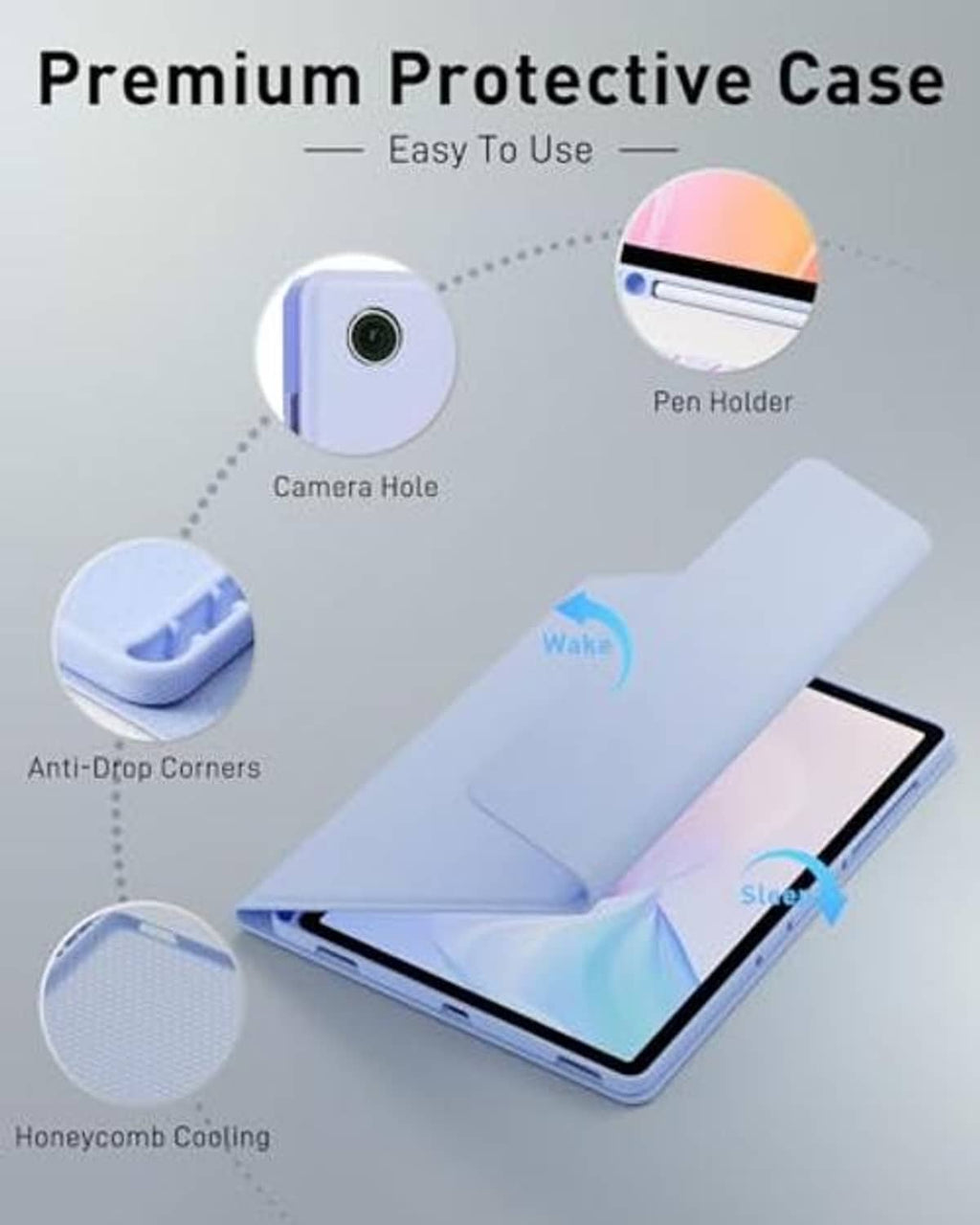 Purple protective tablet case with camera hole, pen holder, and anti-drop corners