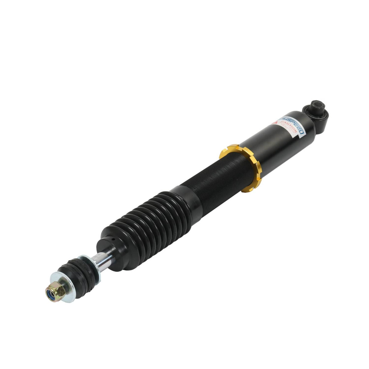 Single coilover strut with black shock body, red adjustment spring, and top mount