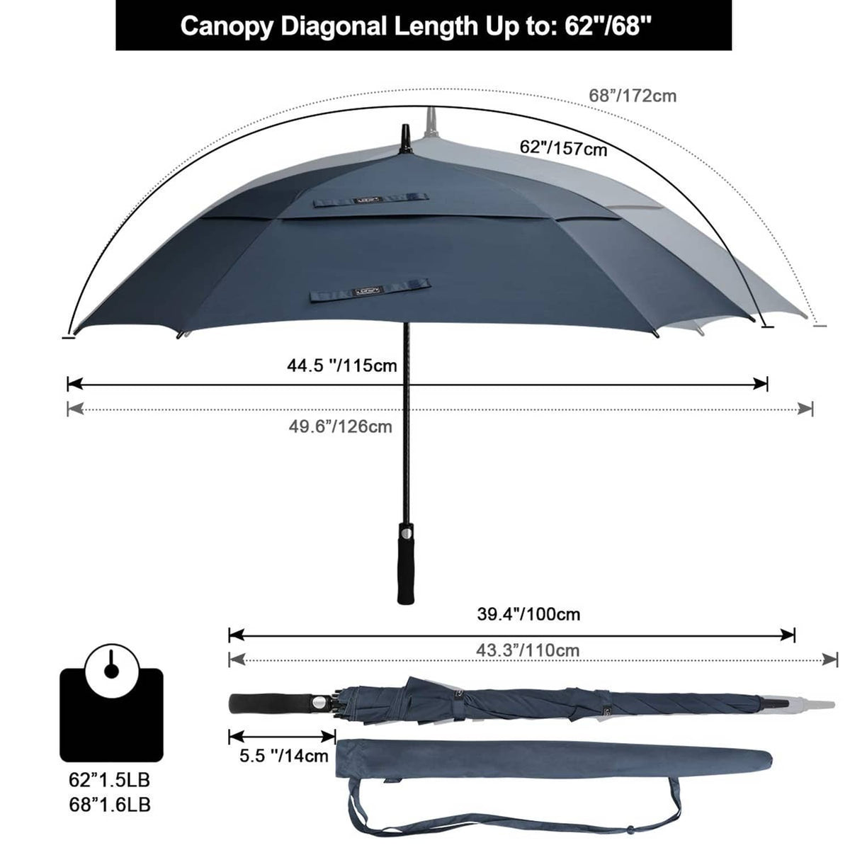 Navy blue golf umbrella diagram showing 68-inch square vented canopy dimensions