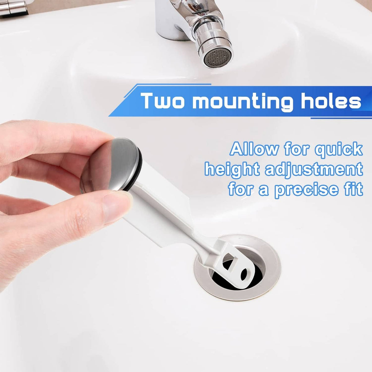 Bathroom sink pop-up stopper base with two mounting holes for quick height adjustment