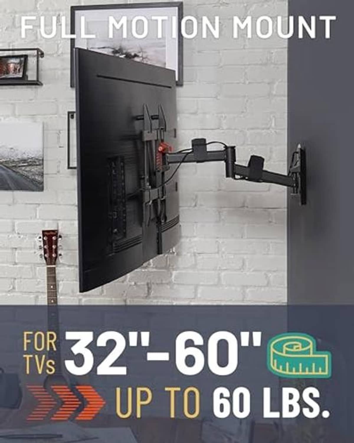 Full motion TV wall mount with articulated arms holding a flat screen on wall