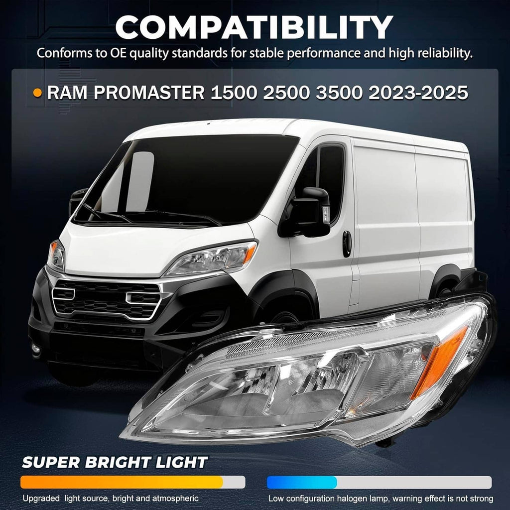 Halogen headlight assembly on a white van, clear lens with amber side marker