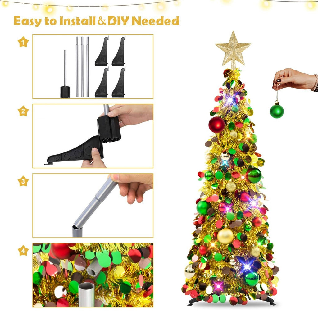 Pop-up Christmas tree with star topper, assembly poles and base, gold-and-multicolor ornaments