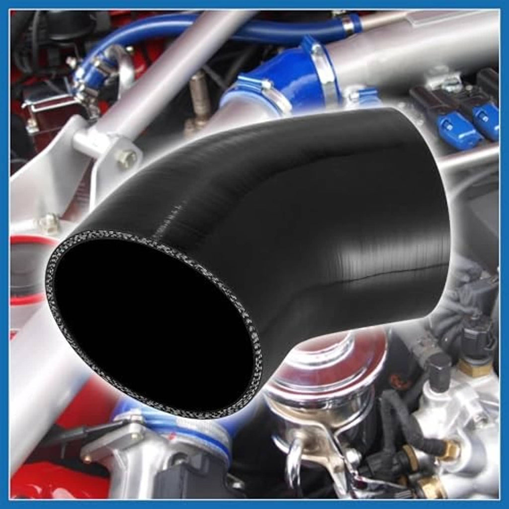 Black 45-degree silicone hose elbow fitting with reinforced rim