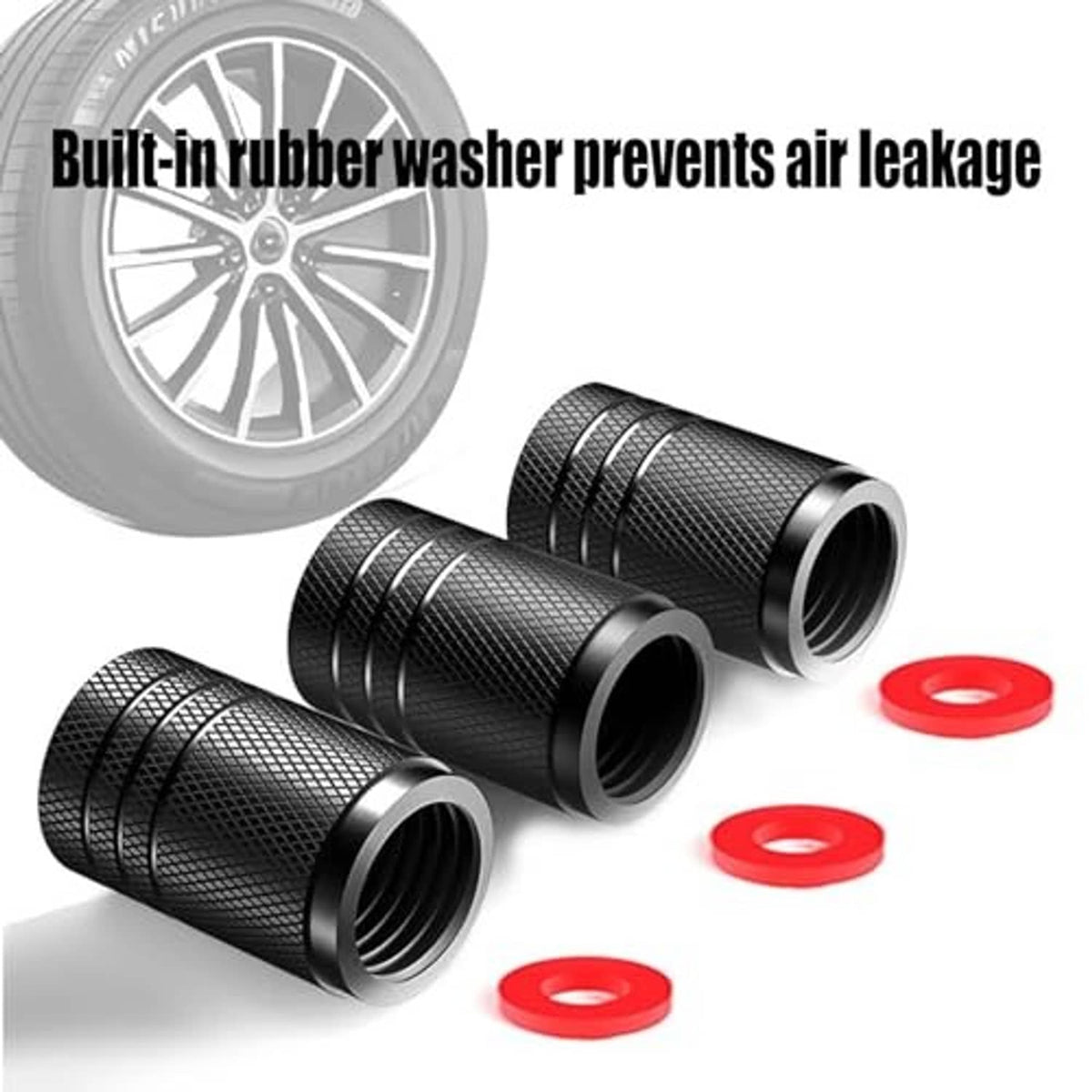 Black textured tire valve stem caps with silver American flag round tops and red O-rings