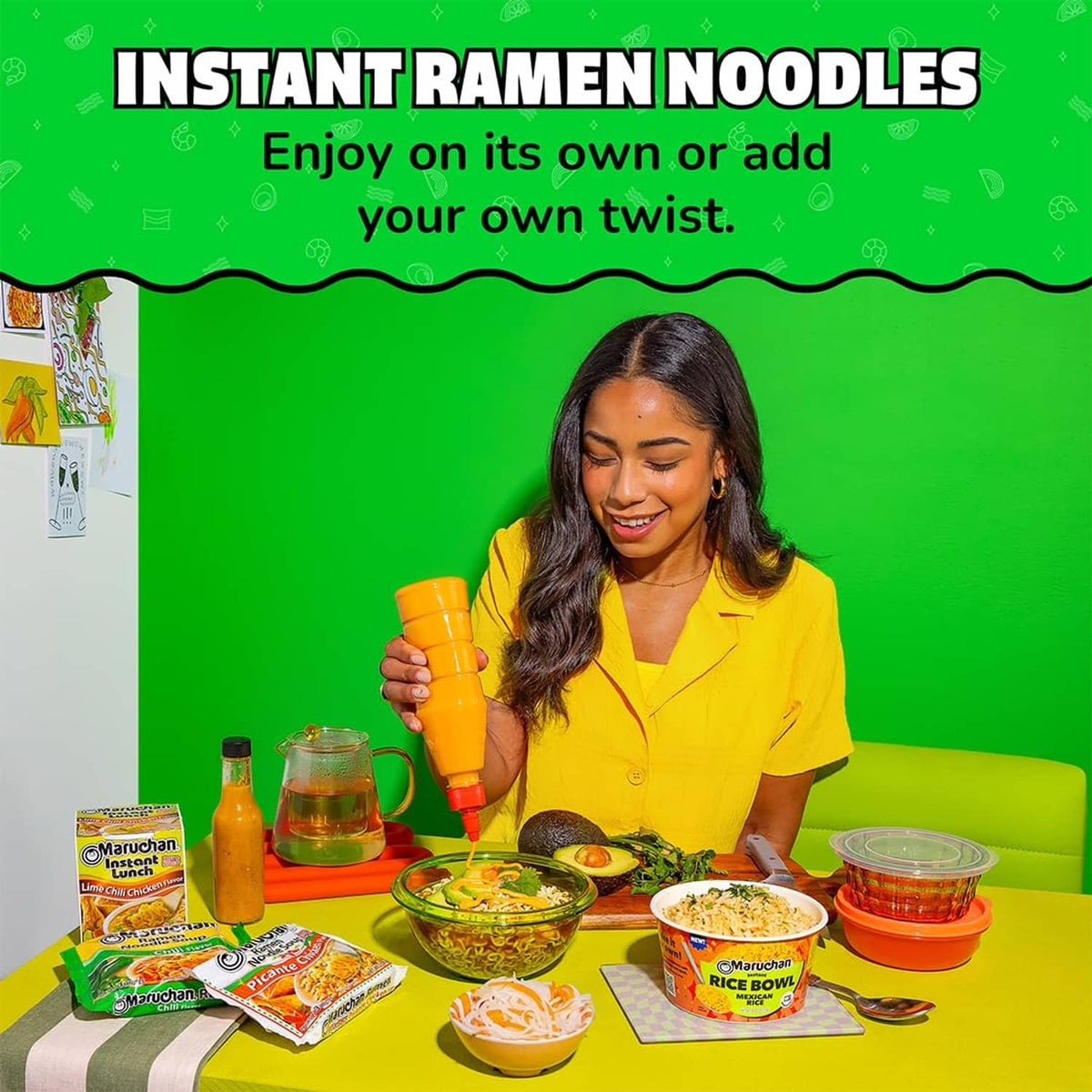 Maruchan instant ramen noodle soup chili flavor with packets and serving bowls