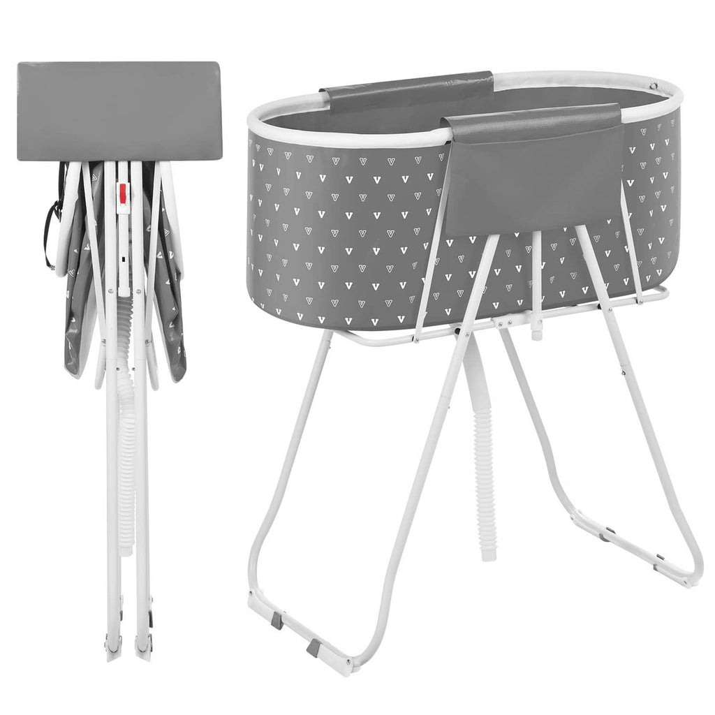 Gray foldable elevated dog bath tub with drain, triangular pattern fabric, foldable stand