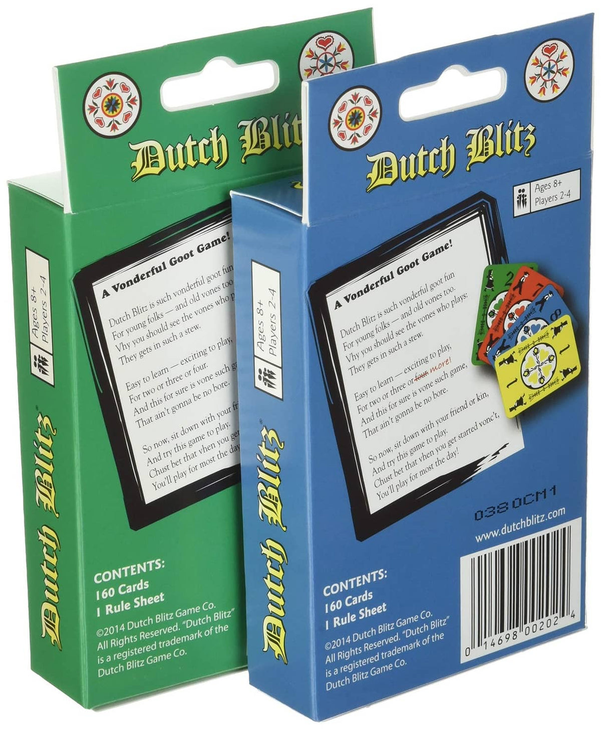 Dutch Blitz original and expansion pack boxes with back panel and hanging cards