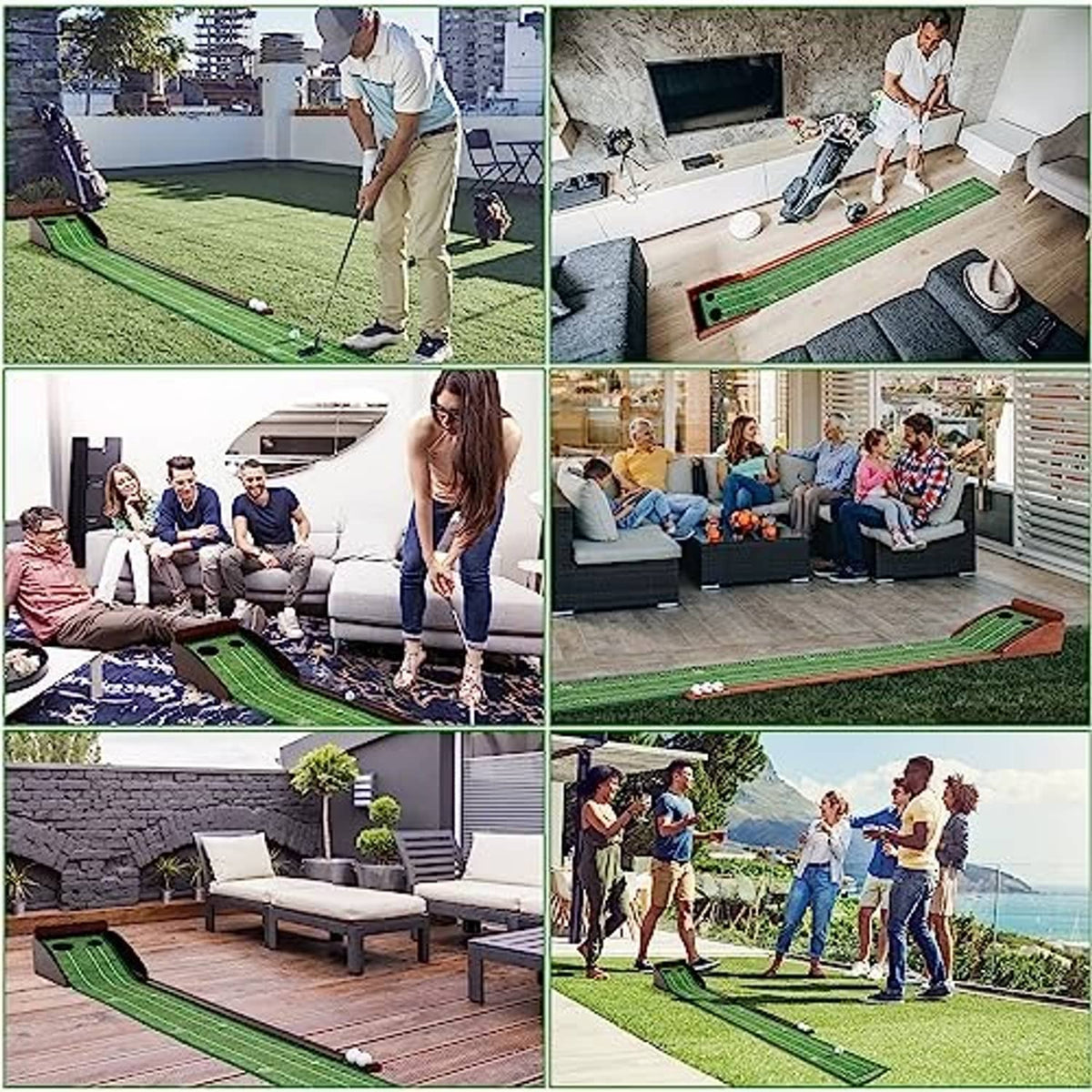 Indoor putting green golf mat in multiple practice setups with balls and guide lines