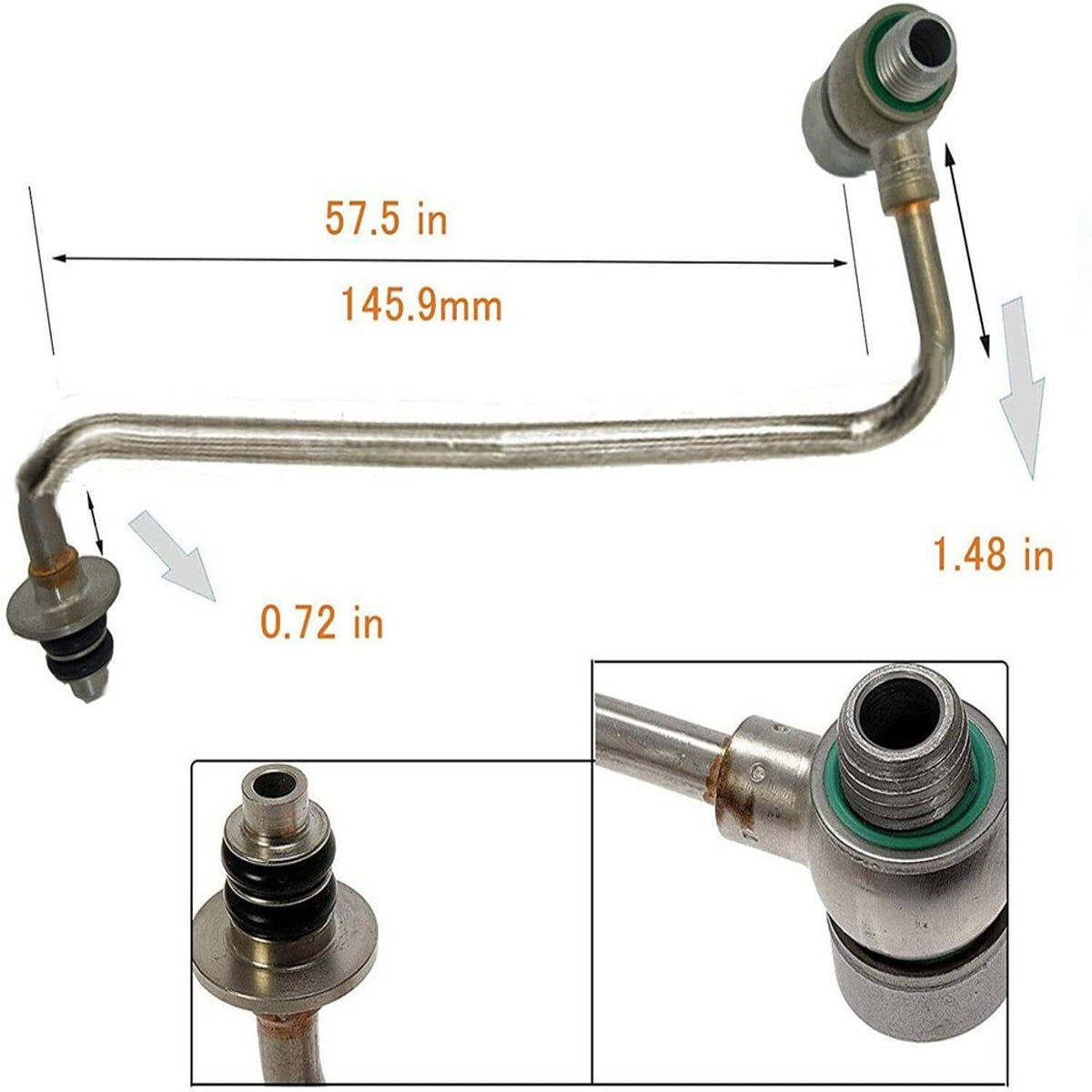 Turbo oil feed pipe tube with measurement guides and threaded end fittings