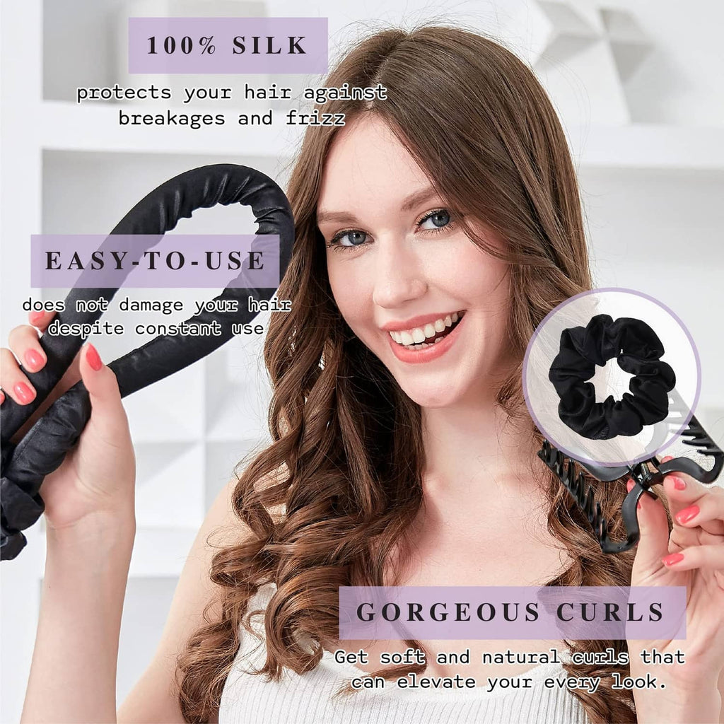 Close-up of black silk headband curler and scrunchie detail on curled hair