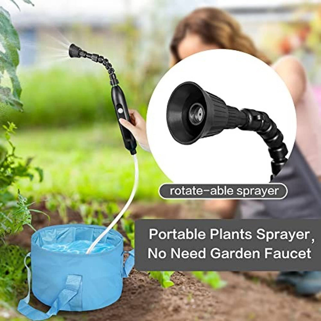 Portable plant sprayer with black nozzle head and connected hose for misting plants.