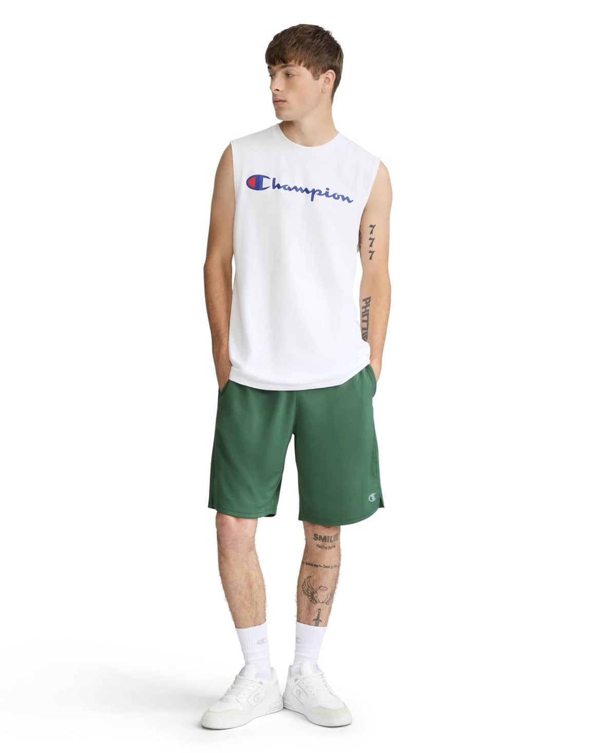White sleeveless muscle tee with blue Champion script logo, side view