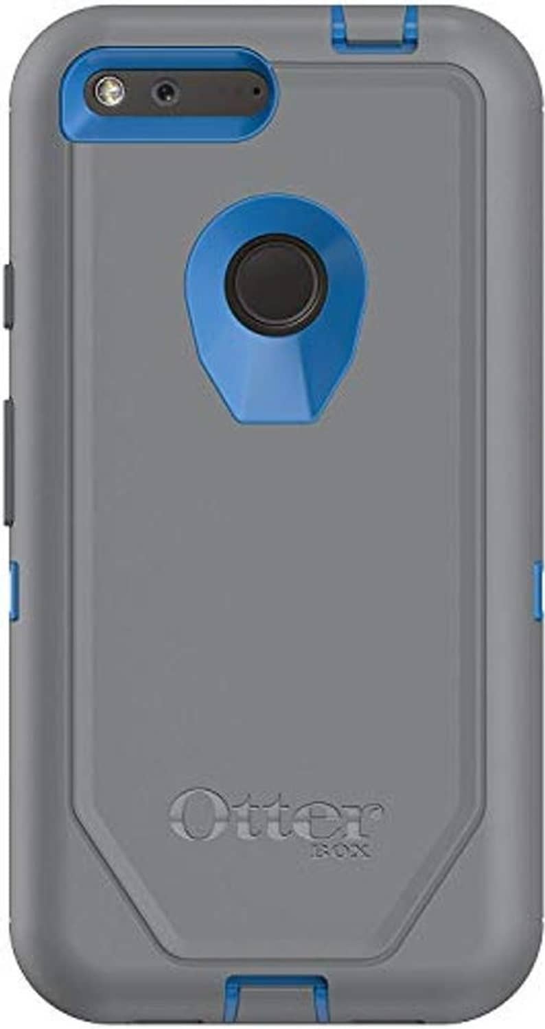 Gray Defender case with blue camera ring and OtterBox logo for Google Pixel XL