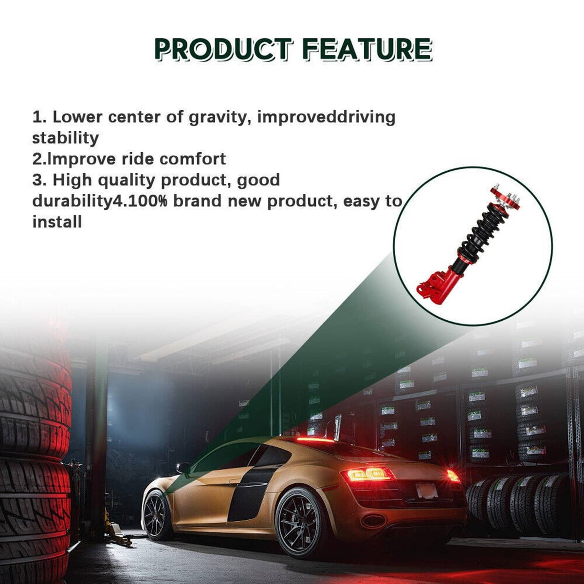 Suspension coilover kit showing strut components, springs, and mounting hardware