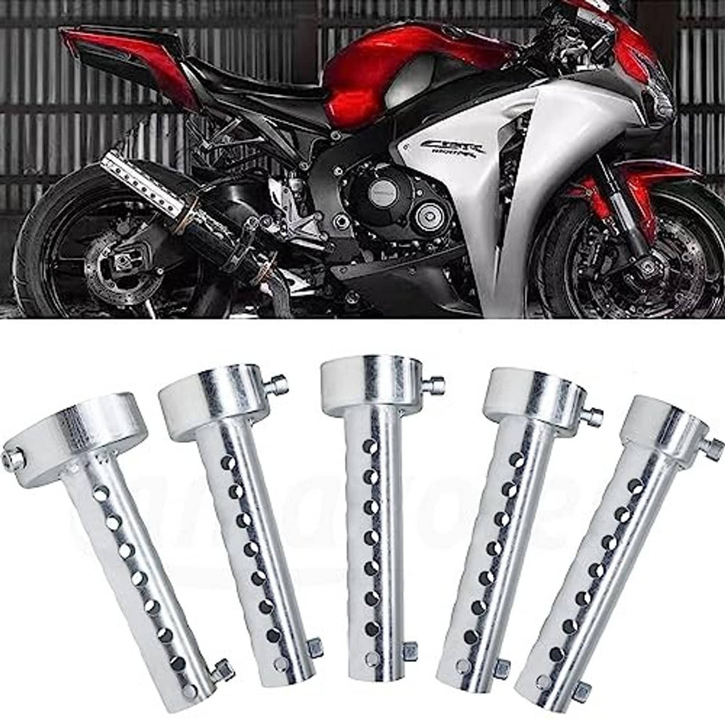 Four silver exhaust baffle inserts with perforated tubes and mounting rings, side view