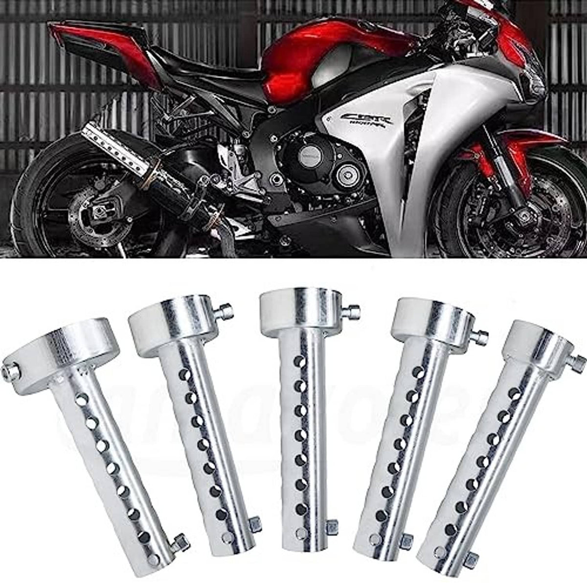 Four silver exhaust baffle inserts with perforated tubes and mounting rings, side view