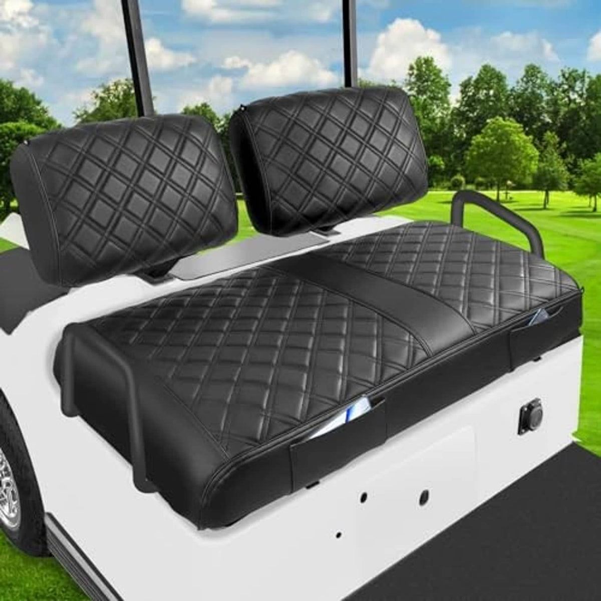 Black quilted front golf cart seat cover with two headrests and diamond grid