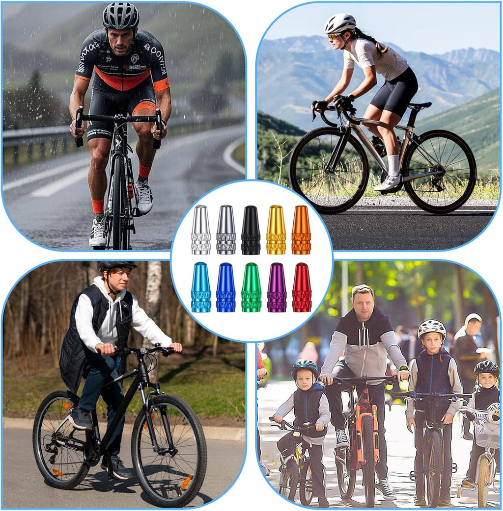 Presta valve caps in multiple colors shown with cyclists on bikes