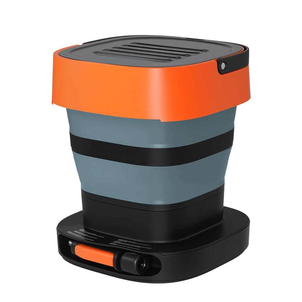 Compact portable cordless pressure washer with orange top, gray bands, and black base