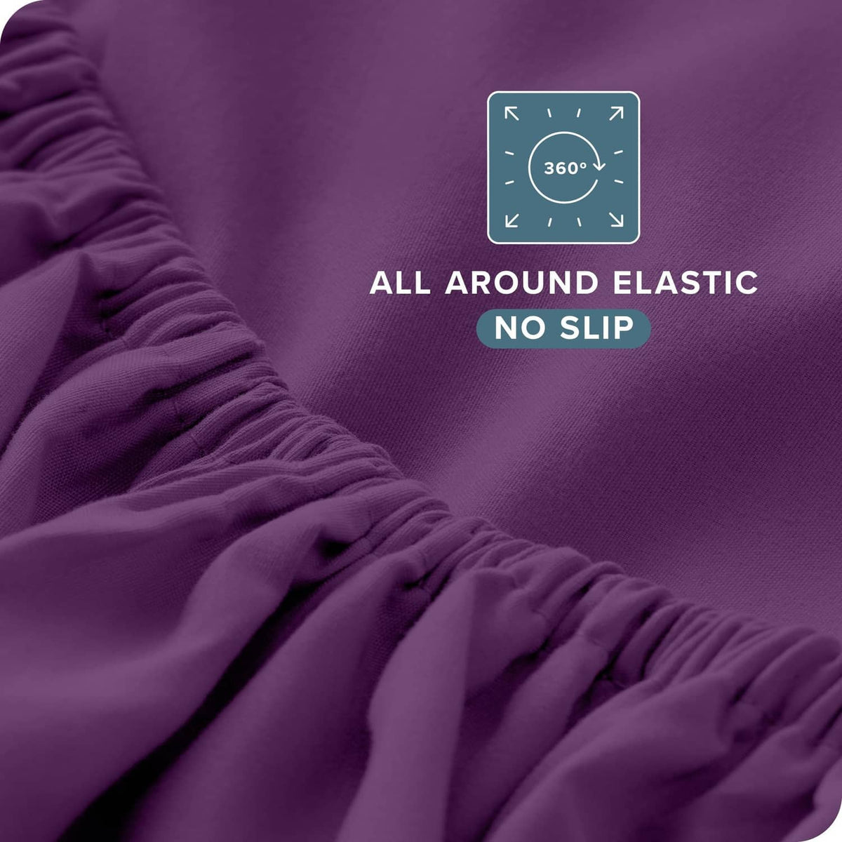 Plum fitted sheet close-up with elasticated all-around edge
