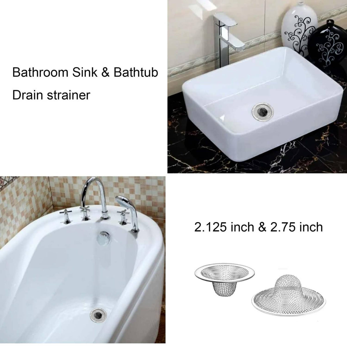 Bathroom sink drain strainers, 2.125 in and 2.75 in round mesh baskets, silver