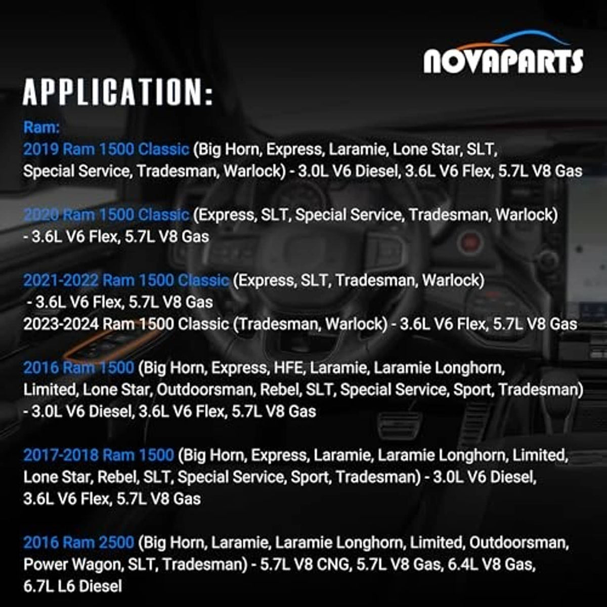Car window switch application graphic with overlaid vehicle list and product info.
