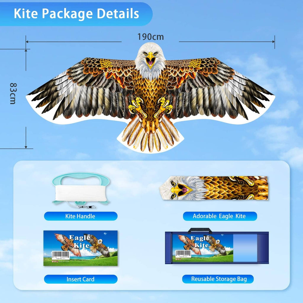 Eagle kite with brown, orange, and white feather pattern; shows handle and storage bag