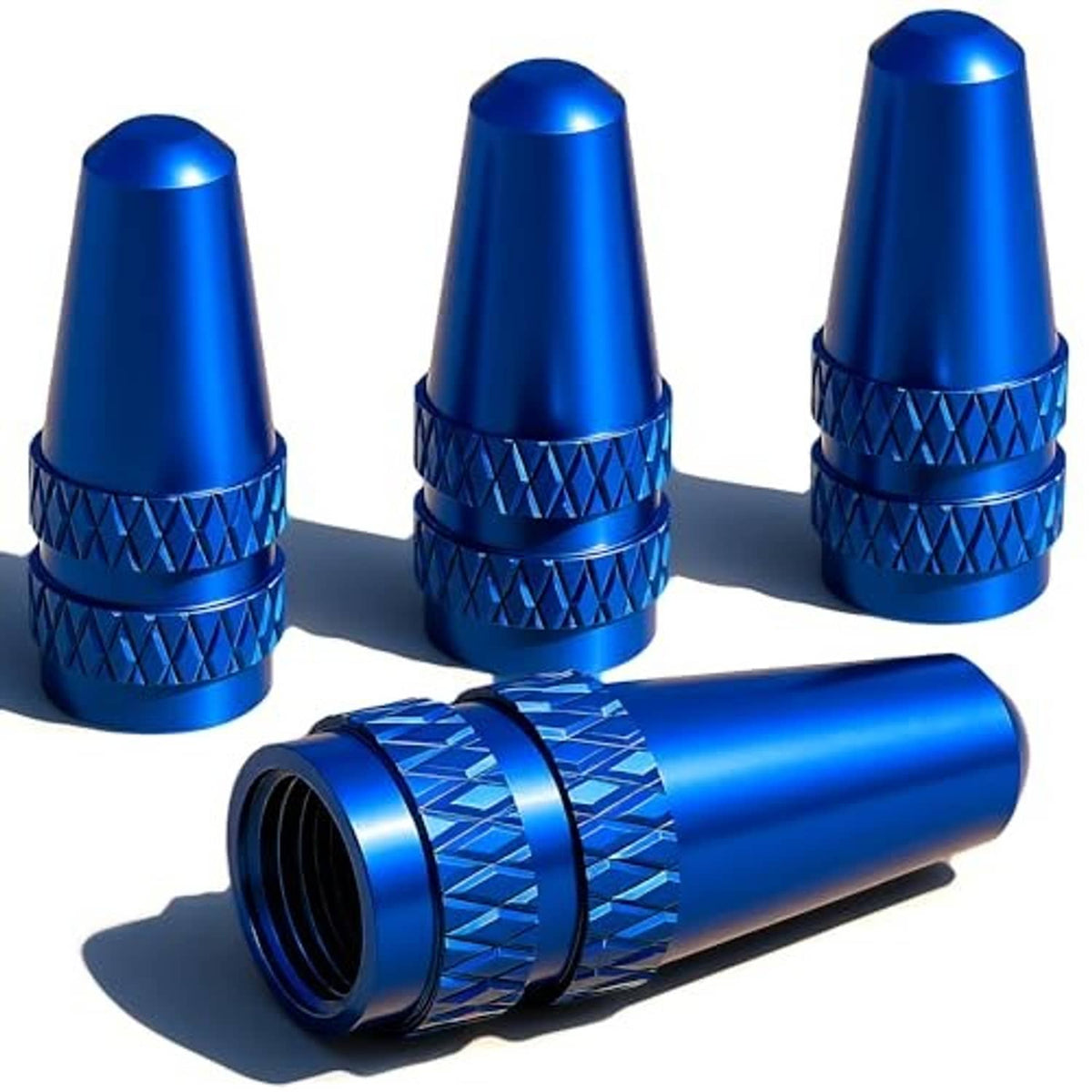 Blue Presta valve caps set, textured diamond grip band and tapered protective caps