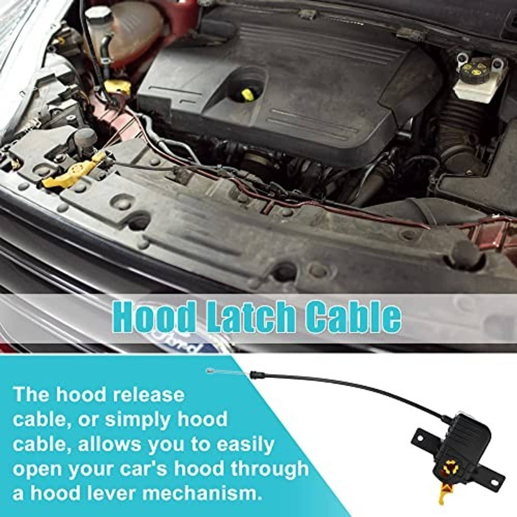 Hood latch cable in engine bay, yellow latch and black cable near front hood area
