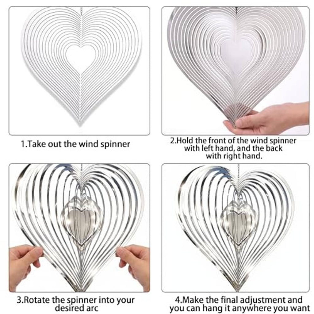 Heart wind spinner instruction graphic showing hanging chain and adjustment steps