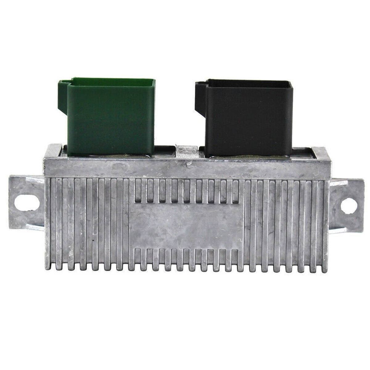 Glow plug control relay module with green and black end caps and ribbed metal body