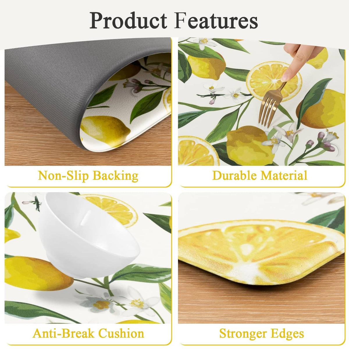 Lemon kitchen rug close-ups: non-slip backing, thick cushioning, strong edges