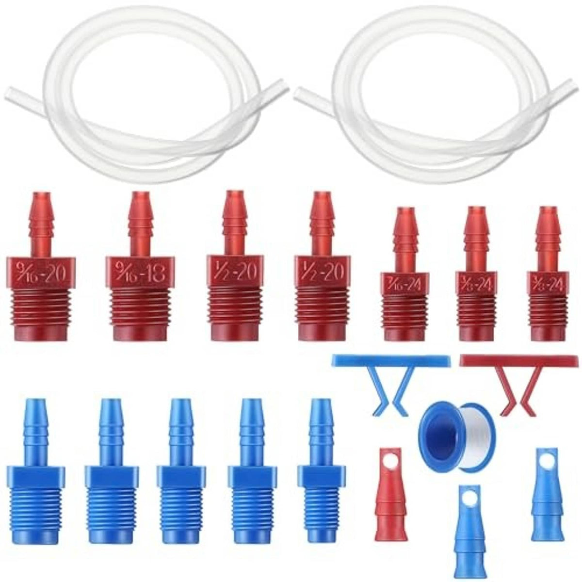Brake master cylinder bleeder kit components: clear hose, blue and red threaded fittings, clips