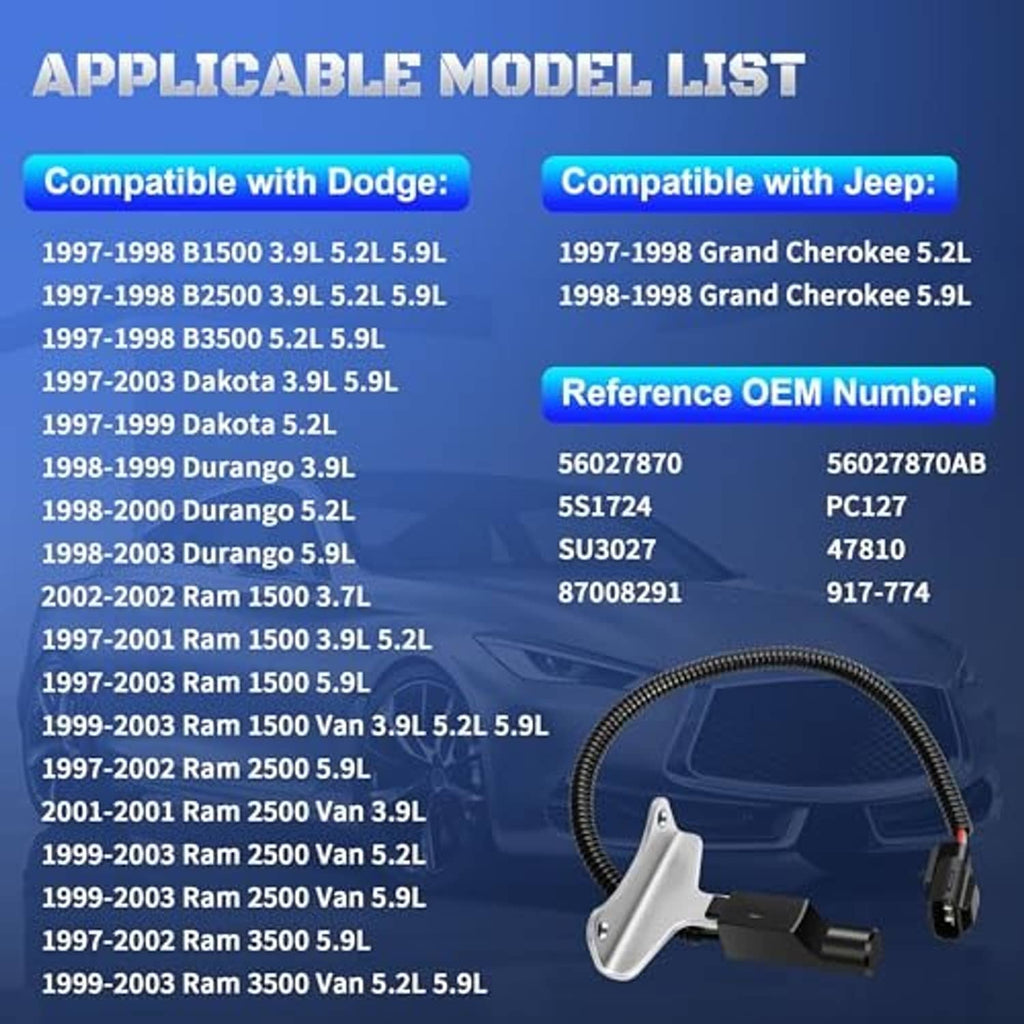 Crankshaft position sensor with coiled harness and electrical plug, shown on compatibility list
