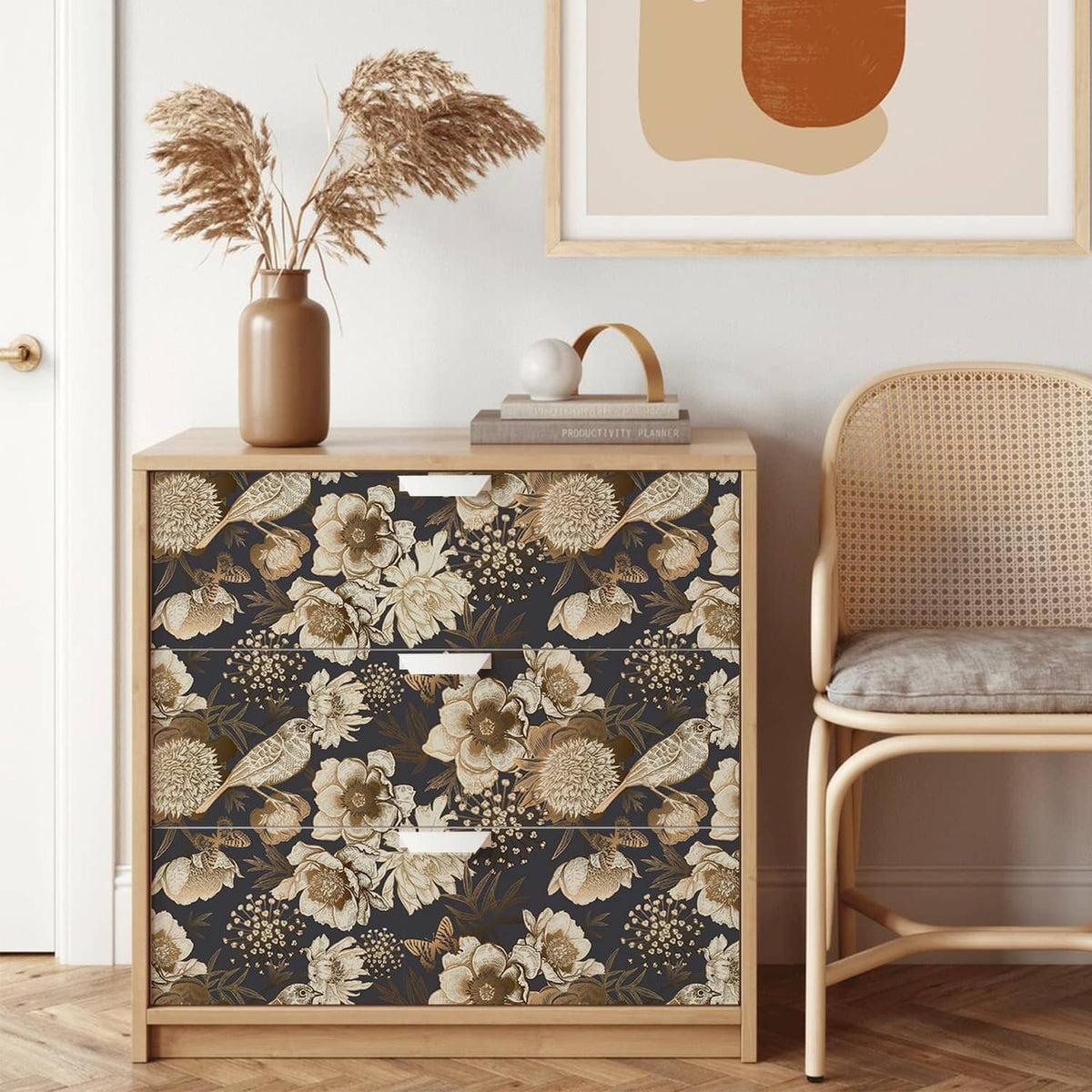 Black and gold floral bird wallpaper on cabinet side wall